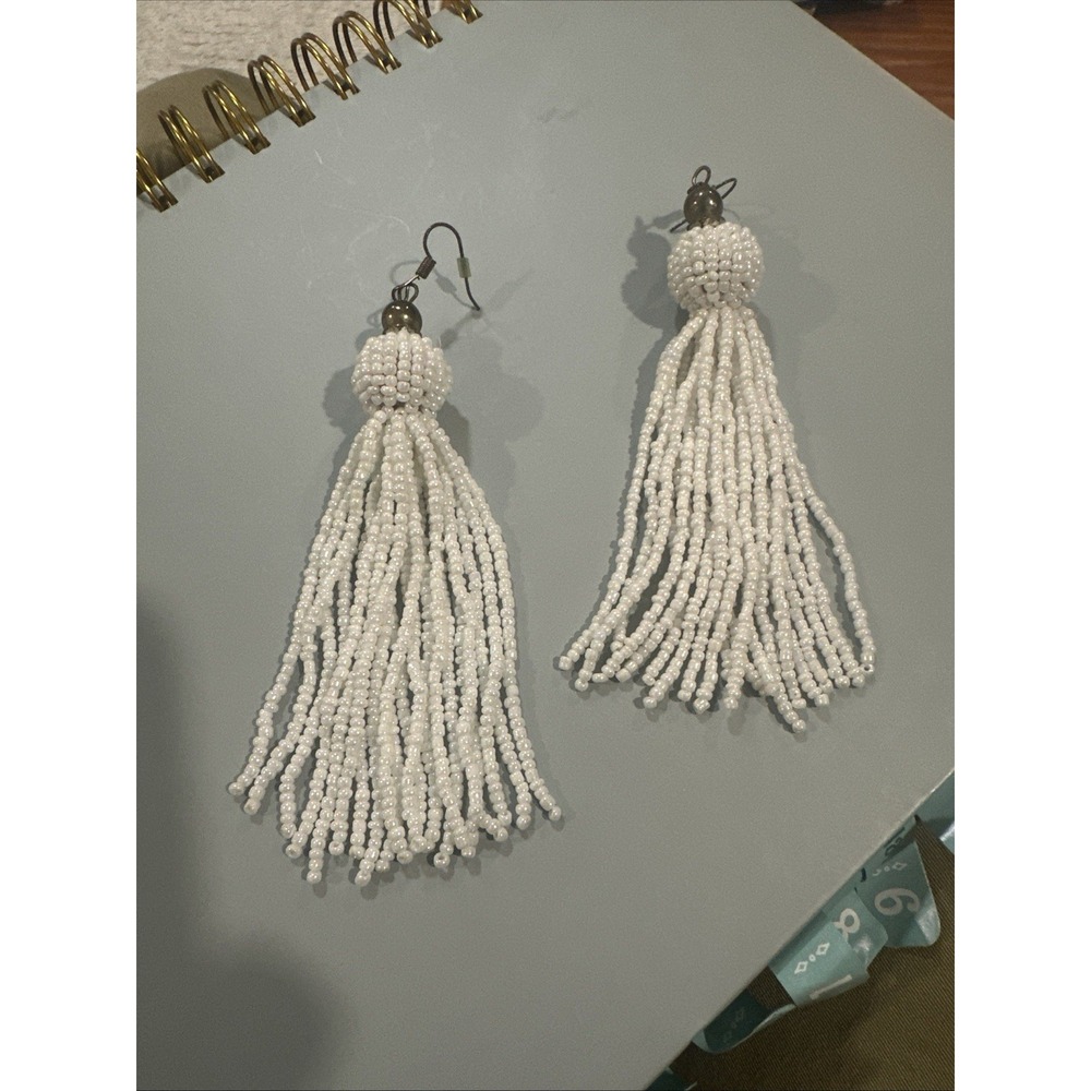 Boho Beaded Beads Tassel Earrings White Dangle Drop Hook Vacay Festival Crystals